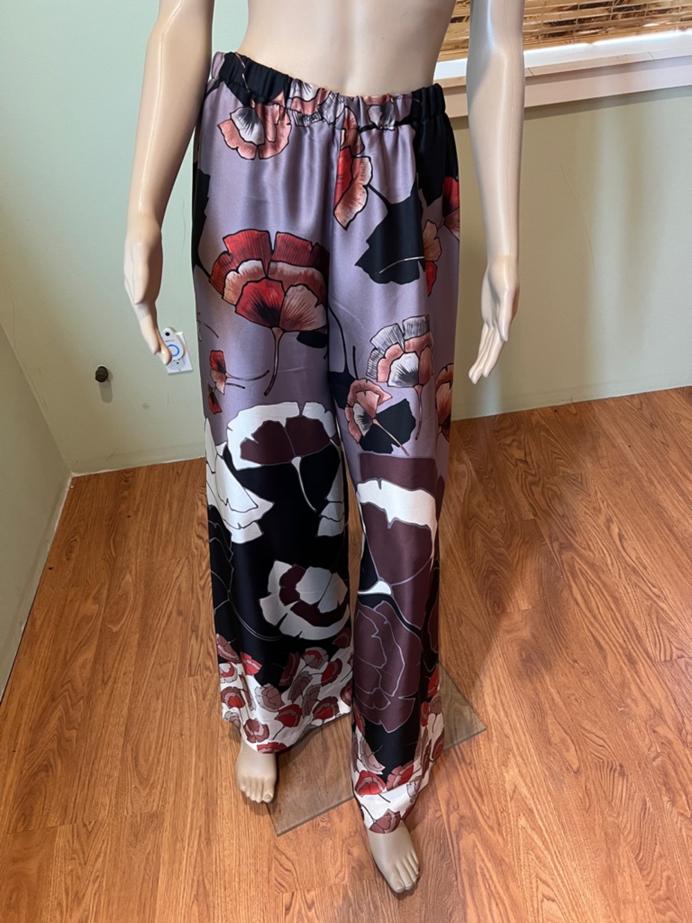 Floral Wide-Leg Satin Pants Elastic Waist Size M